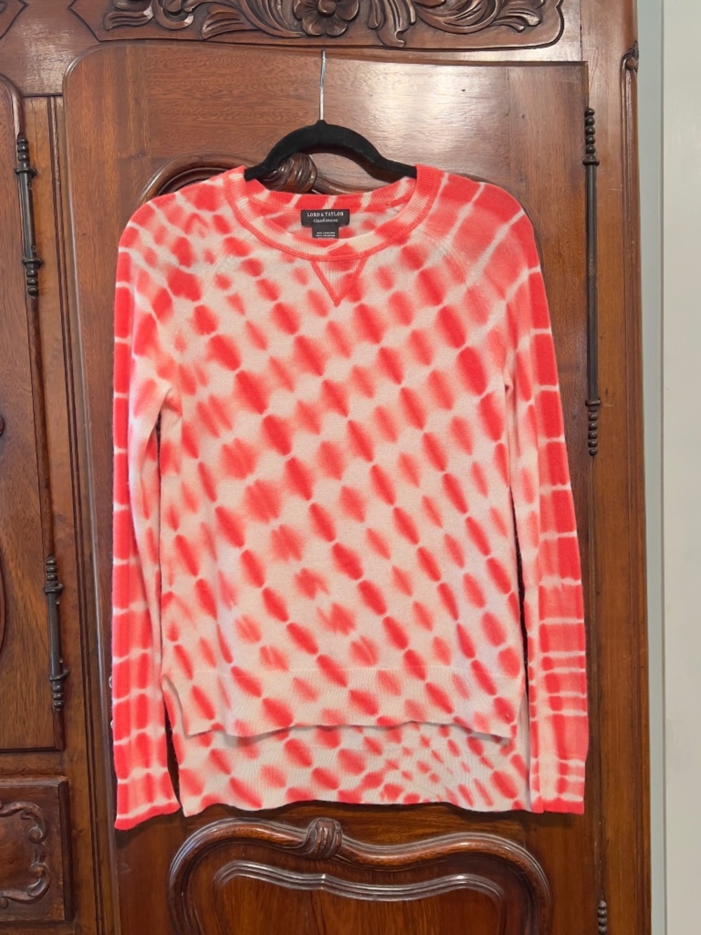 Lord & Taylor Red/White TieDye Raglan Cashmere Sweater Size S